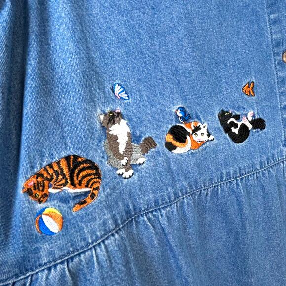 Vintage 90s Kittycore Cat Lady Twee Denim Dress Cottage Granny Kawaii Artsy MED - Picture 6 of 10